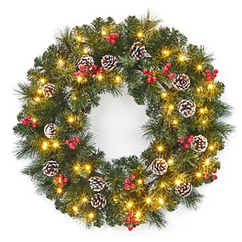 24 Inch Christmas Wreath with 50 LED Lights, Frosted Branches, Pine Cones & Berry Clusters