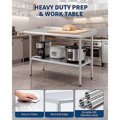 24x48 Inch Heavy Duty Commercial Stainless Steel Worktable with Backsplash & Adjustable Undershelf