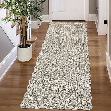 Contemporary Machine Washable Rug Scalloped Rug Non Slip, Farmhouse Braided Print Carpet