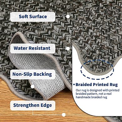 Contemporary Machine Washable Rug Scalloped Rug Non Slip, Farmhouse Braided Print Carpet