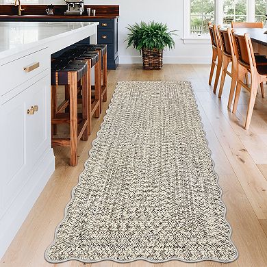 Contemporary Machine Washable Rug Scalloped Rug Non Slip, Farmhouse Braided Print Carpet