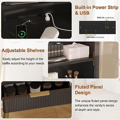 Makeup Vanity Desk w/Lights& Power Outlet, Big Modern Fluted Vanity Desk w/Hd Lighted Mirror