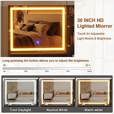 Makeup Vanity Desk w/Lights& Power Outlet, Big Modern Fluted Vanity Desk w/Hd Lighted Mirror