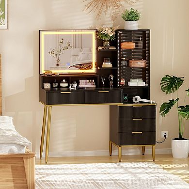 Makeup Vanity Desk w/Lights& Power Outlet, Big Modern Fluted Vanity Desk w/Hd Lighted Mirror