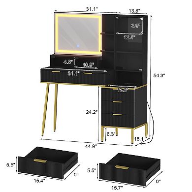Makeup Vanity Desk w/Lights& Power Outlet, Big Modern Fluted Vanity Desk w/Hd Lighted Mirror