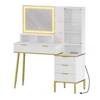 Makeup Vanity Desk w/Lights& Power Outlet, Big Modern Fluted Vanity Desk w/Hd Lighted Mirror