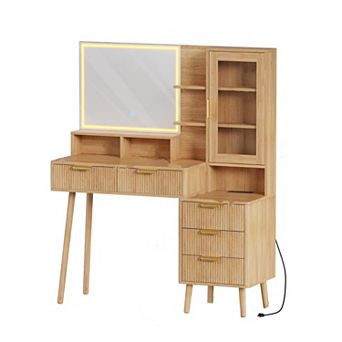 Makeup Vanity Desk w/Lights& Power Outlet, Big Modern Fluted Vanity Desk w/Hd Lighted Mirror