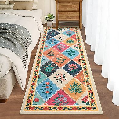 Floral Machine Washable Rug with Non Slip TPR Backing Low Pile Non Shedding Carpet