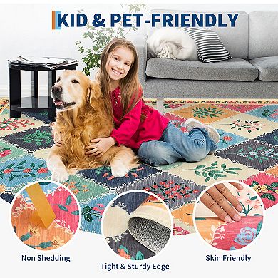 Floral Machine Washable Rug with Non Slip TPR Backing Low Pile Non Shedding Carpet