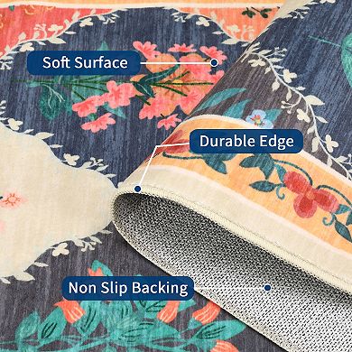 Floral Machine Washable Rug with Non Slip TPR Backing Low Pile Non Shedding Carpet