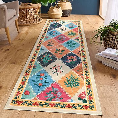 Floral Machine Washable Rug with Non Slip TPR Backing Low Pile Non Shedding Carpet