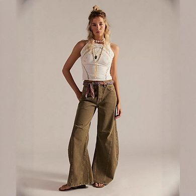Women's Wide Straight Leg Mid Rise Baggy Pocket Denim Jeans Without Belt