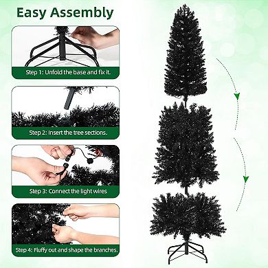 Pre-Lit Black Pencil Christmas Tree with Color Changing LED Lights, Hinged Slim Artificial Xmas Tree