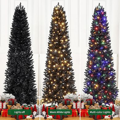 Pre-Lit Black Pencil Christmas Tree with Color Changing LED Lights, Hinged Slim Artificial Xmas Tree
