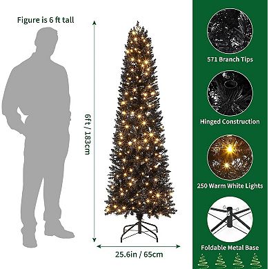 Pre-Lit Black Pencil Christmas Tree with Color Changing LED Lights, Hinged Slim Artificial Xmas Tree