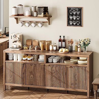 4-Door Fluted Buffet Sideboard Cabinet, Large Kitchen Sideboard Buffet Console Wine Bar