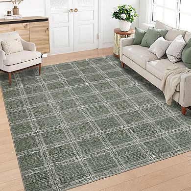 Garvee Geometric Grid Area Rug Non Slip Low Pile Machine Washable Rug for Modern Living Room