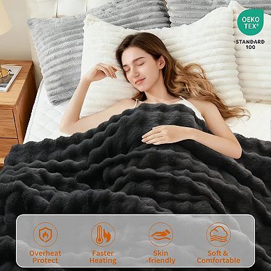 Heated Comforter with Wireless Controller, Fluffy Faux Fur Comforter Blanket, 6 Heating
