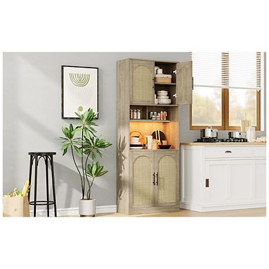 Pantry Cabinet with Countertop, Kitchen Cabinets with LED Light Strip