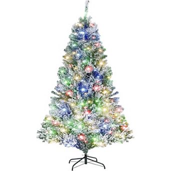 6.5Ft Snow Flocked Christmas Tree, Pre-Lit Xmas Tree with Multi-Color Lights & Realistic Branch Tips