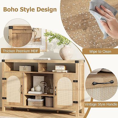 Farmhouse Wine Bar Cabinate, Rattan Coffee Bar with Adjustable Storage Shleves