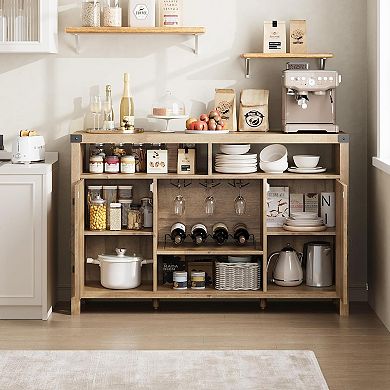 Farmhouse Wine Bar Cabinate, Rattan Coffee Bar with Adjustable Storage Shleves