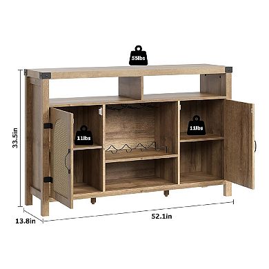 Farmhouse Wine Bar Cabinate, Rattan Coffee Bar with Adjustable Storage Shleves