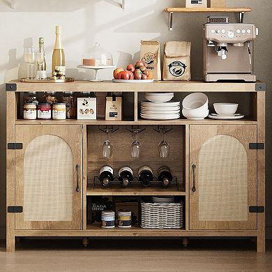 Farmhouse Wine Bar Cabinate, Rattan Coffee Bar with Adjustable Storage Shleves