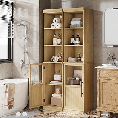 Bathroom Storage Cabinet, Slim Freestanding Bathroom Cabinet with Door and Open Shelves Boards