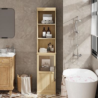 Bathroom Storage Cabinet, Slim Freestanding Bathroom Cabinet with Door and Open Shelves Boards