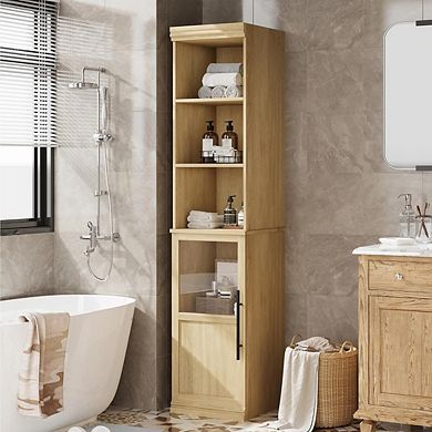 Bathroom Storage Cabinet, Slim Freestanding Bathroom Cabinet with Door and Open Shelves Boards