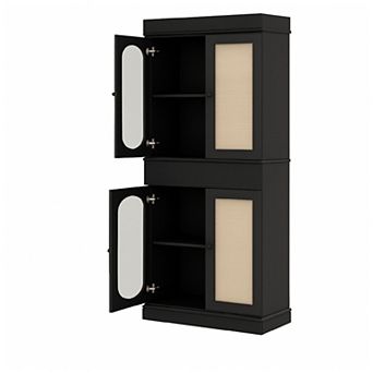 Pantry Cabinet, Rattan Kitchen Pantry Storage Cabinet with Doors and Adjustable Shelves