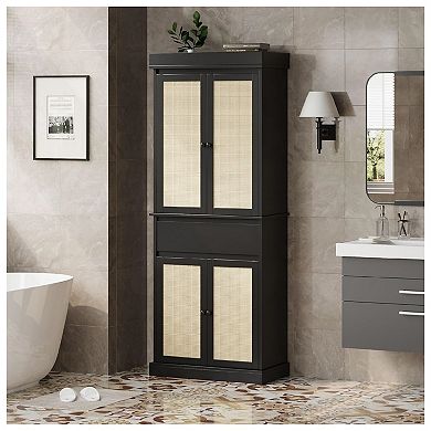 Pantry Cabinet, Rattan Kitchen Pantry Storage Cabinet with Doors and Adjustable Shelves