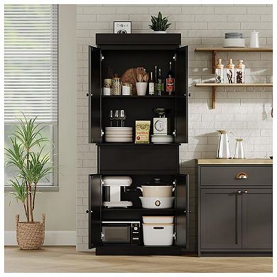 Pantry Cabinet, Rattan Kitchen Pantry Storage Cabinet with Doors and Adjustable Shelves
