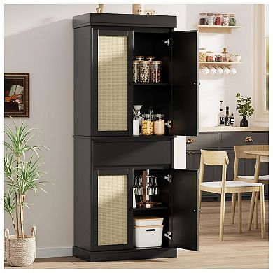Pantry Cabinet, Rattan Kitchen Pantry Storage Cabinet with Doors and Adjustable Shelves