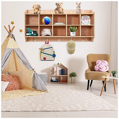 Cubby Storage Organizer Cubes Daycare Shelves with 10 Cubbies Shoe Layer with Hooks