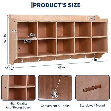 Cubby Storage Organizer Cubes Daycare Shelves with 10 Cubbies Shoe Layer with Hooks