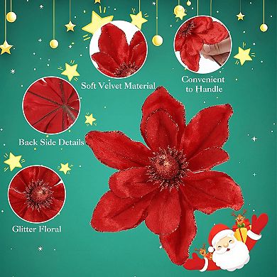 20pcs Velvet Glitter Wire Christmas Magnolia Flower Decorations