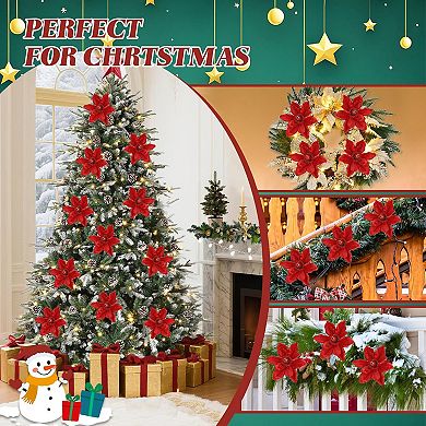 20pcs Velvet Glitter Wire Christmas Magnolia Flower Decorations