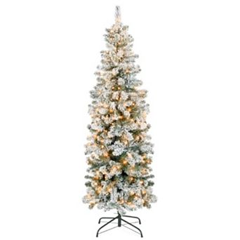 6.5ft Flocked Pencil Christmas Tree PreLit with 250 LED Lights&8 Lighting Modes,Artificial Xmas Tree