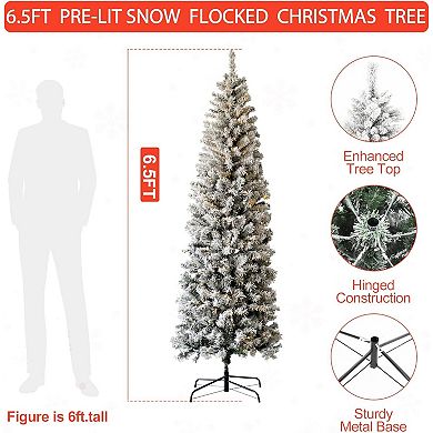6.5ft Flocked Pencil Christmas Tree PreLit with 250 LED Lights&8 Lighting Modes,Artificial Xmas Tree