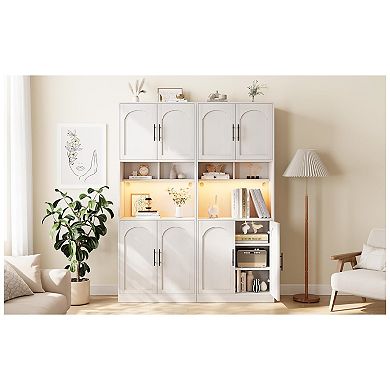 Kitchen Pantry Cabinet with LED Light, Tall Kitchen Hutch Bar Cabinet with Microwave Stand