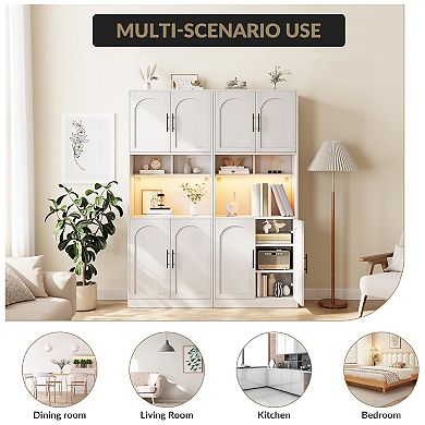 Kitchen Pantry Cabinet with LED Light, Tall Kitchen Hutch Bar Cabinet with Microwave Stand