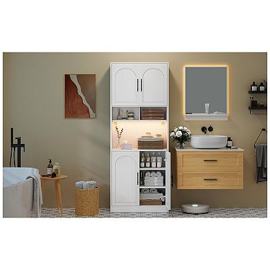 Kitchen Pantry Cabinet with LED Light, Tall Kitchen Hutch Bar Cabinet with Microwave Stand