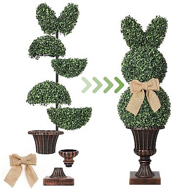 1 pcs 39 in Artificial Bunny Shaped Topiary Tree W/Classic Planter Pot Rabbit UV-Resistant Bowknot