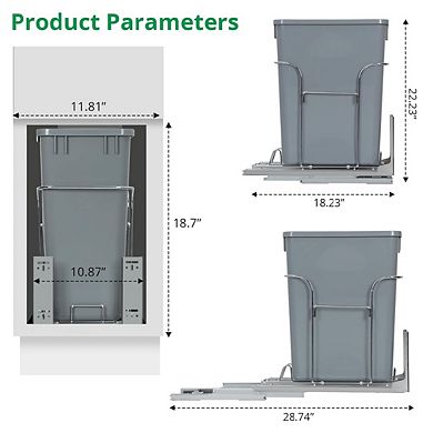Pullout Trash Can for Under Kitchen Cabinets, Single 35QT Garbage Waste Recycling Bin