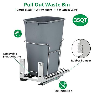 Pullout Trash Can for Under Kitchen Cabinets, Single 35QT Garbage Waste Recycling Bin
