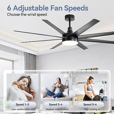 65-Inch Ceiling Fan with LED Light, featuring 8 ABS Blades, Quiet DC Motor, and Reversible Function