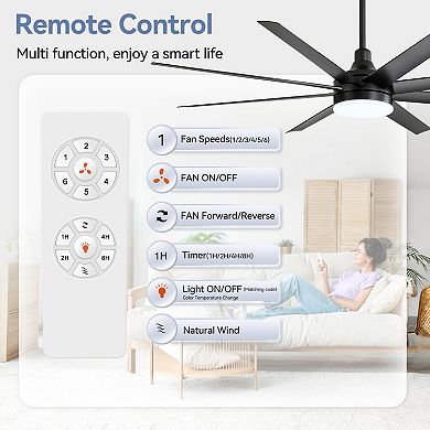 65-Inch Ceiling Fan with LED Light, featuring 8 ABS Blades, Quiet DC Motor, and Reversible Function