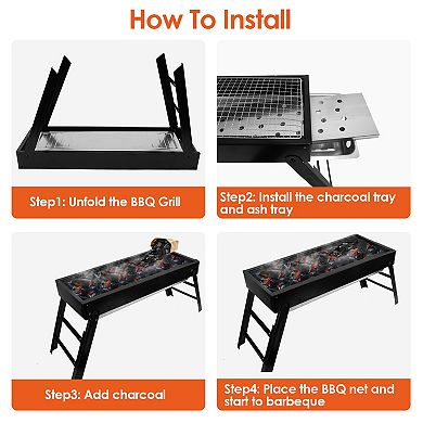 Foldable Stainless Steel Charcoal BBQ Grill, Portable Tabletop Grill for Camping & Outdoor Parties